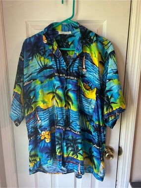 Men's Tropical Short-Sleeve Button-Down Shirt - Blue/Green